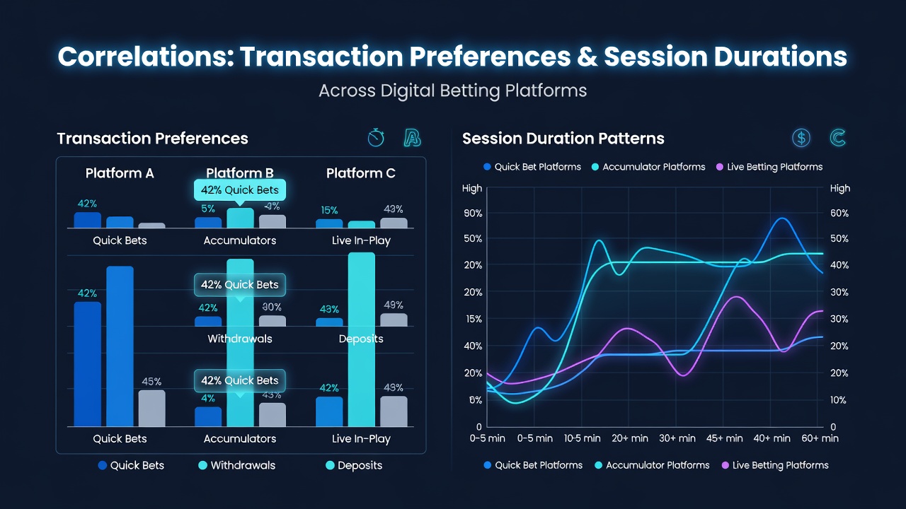 Data visualization showing transaction method distributions and average session lengths on digital betting platforms
