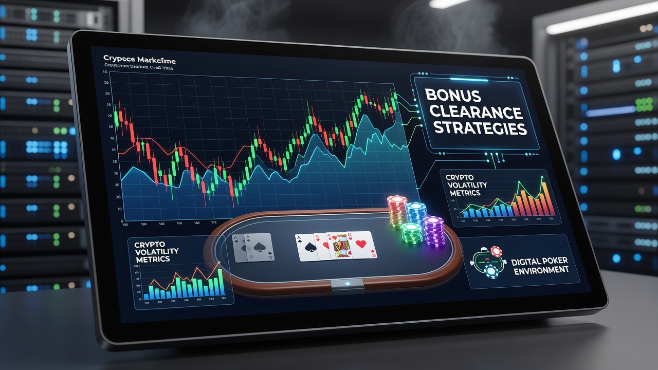 Screenshot of poker software with overlaid cryptocurrency hedging controls and real-time bonus progress tracker