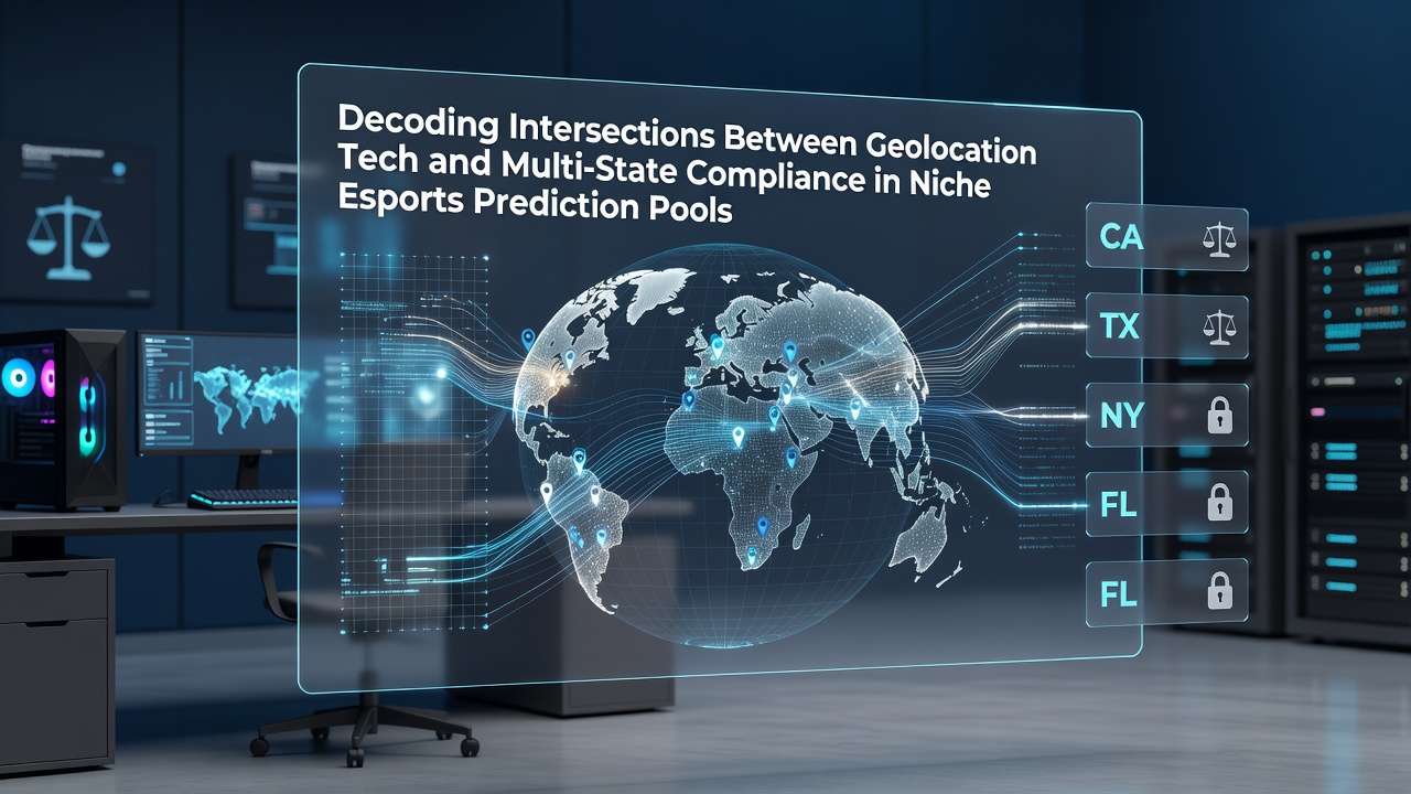Geolocation technology interfaces displaying real-time location verification for esports prediction platforms across multiple states
