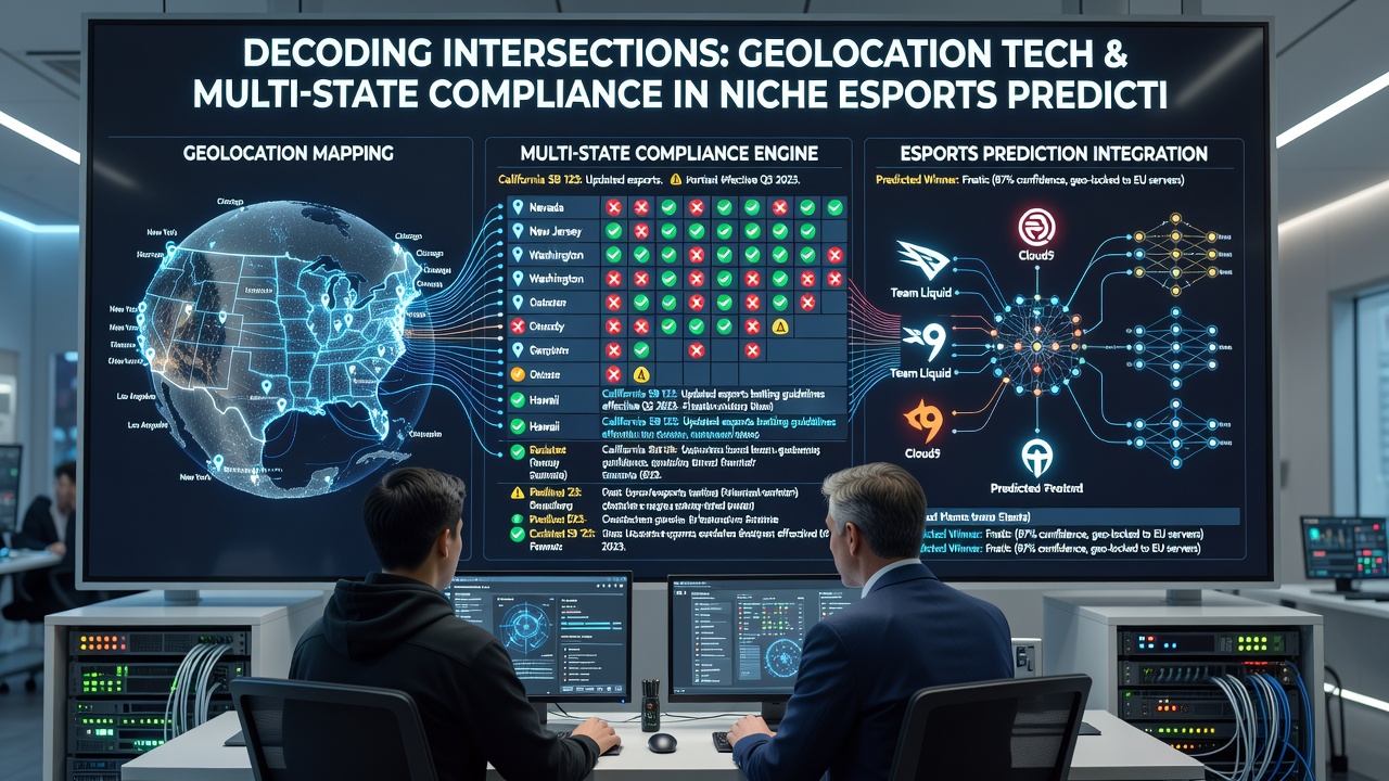 Compliance dashboard showing multi-state regulatory overlays and geolocation data points for esports prediction pool operators