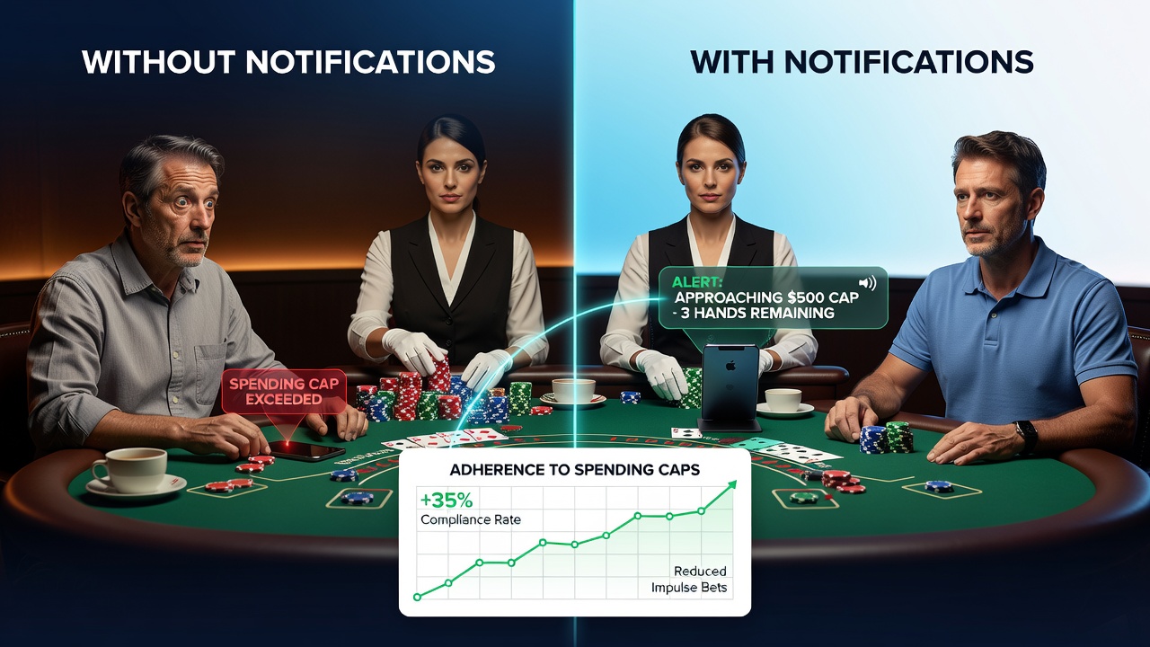 Chart displaying adherence rates to spending caps with and without mobile notifications in live dealer environments