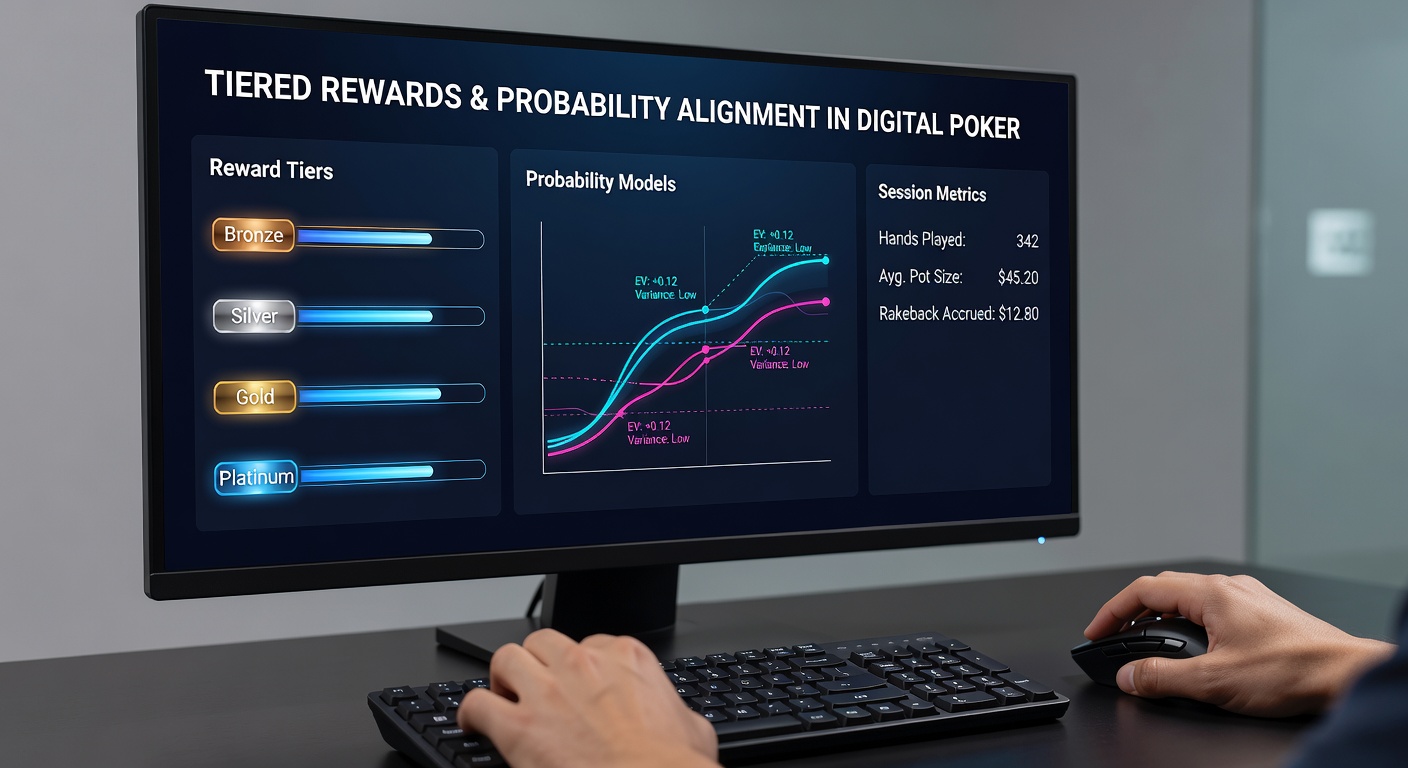 Digital poker interface displaying tiered loyalty levels and reward progress indicators