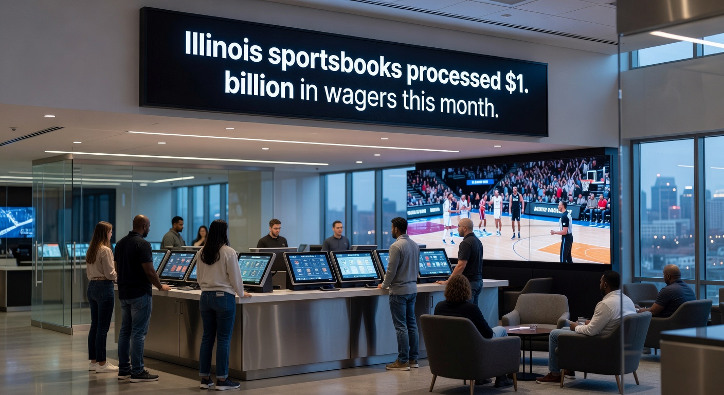 Close-up of sports betting interface on a mobile device, displaying live odds for basketball and NFL games amid Illinois skyline backdrop