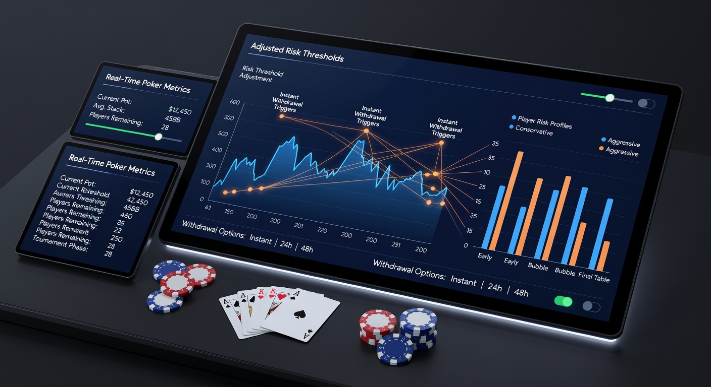 Poker tournament interface showing real-time risk monitoring and withdrawal options