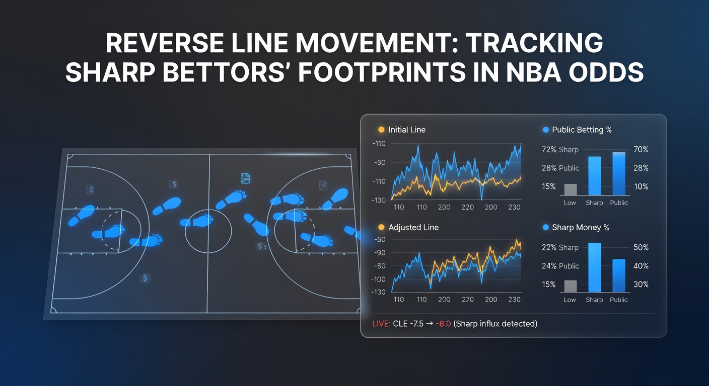 NBA odds chart displaying reverse line movement from opening to closing lines, with annotations on sharp betting impacts