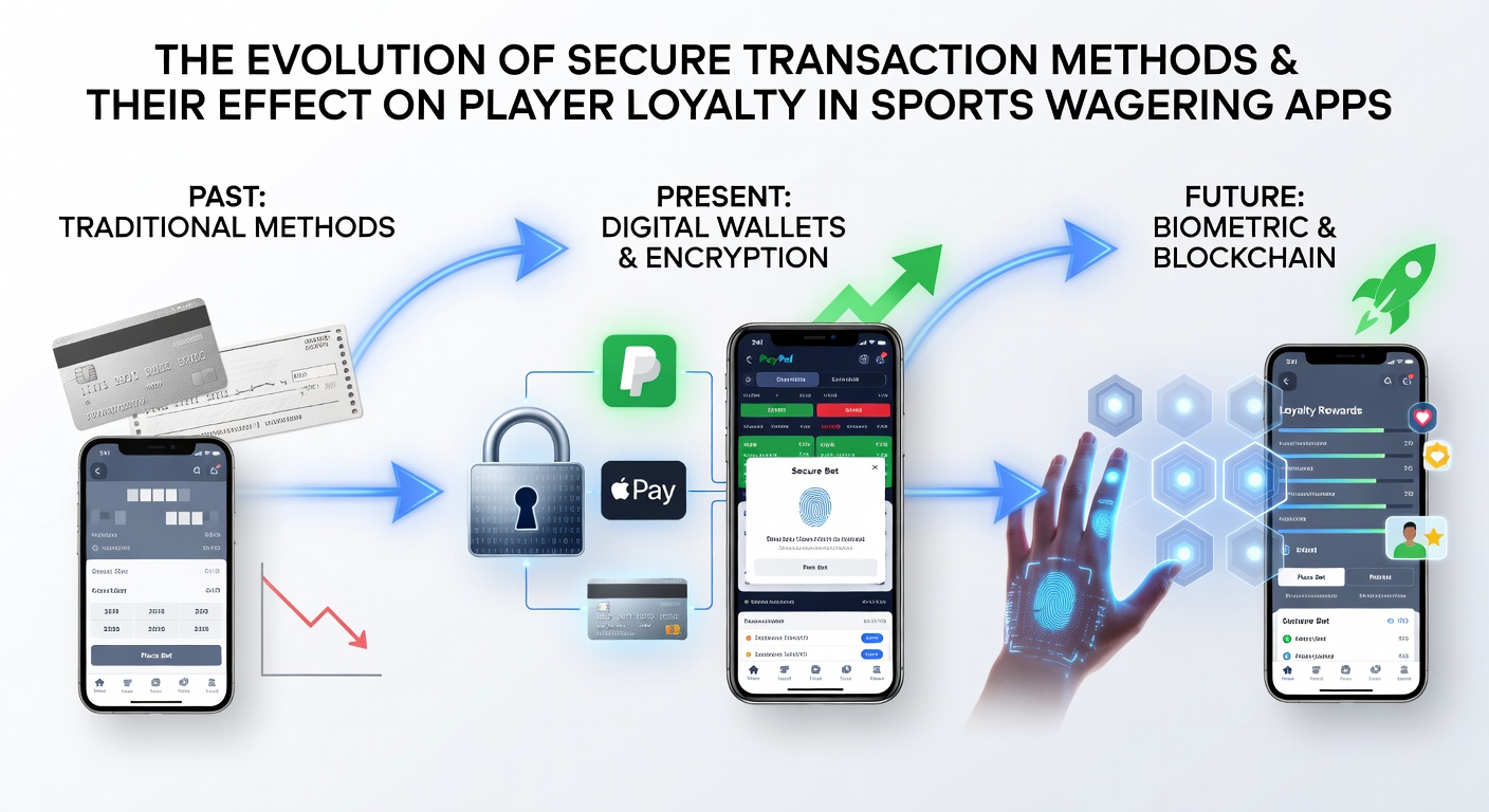Timeline graphic showing the progression of secure transaction methods in sports wagering apps from credit cards to biometric verification