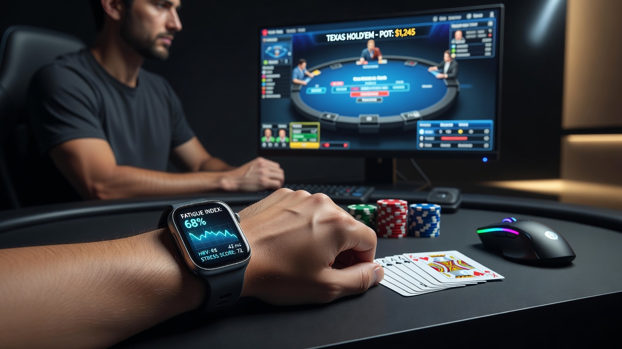 Smartwatch displaying heart rate variability data alongside an online poker interface during a late-night session