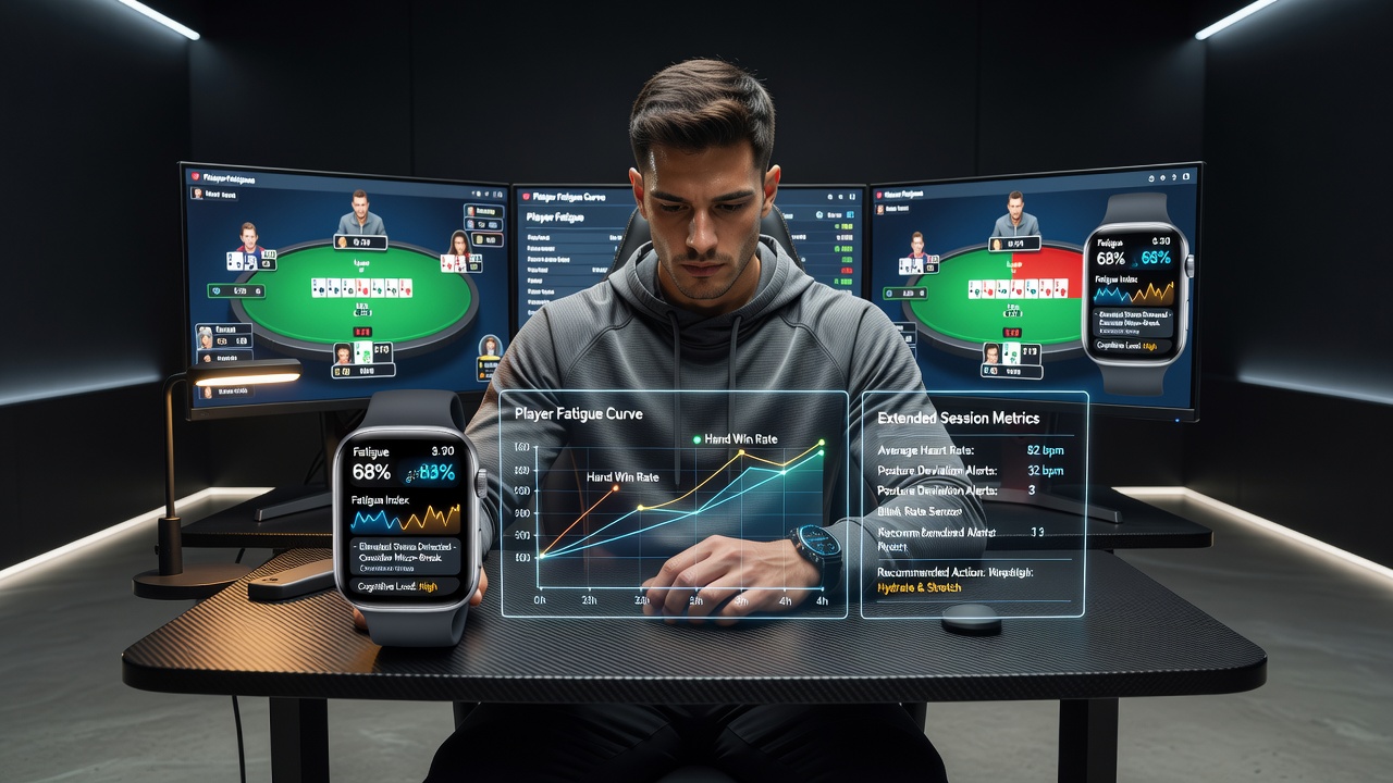 Player reviewing fatigue analytics dashboard on tablet after completing an eight-hour online poker session