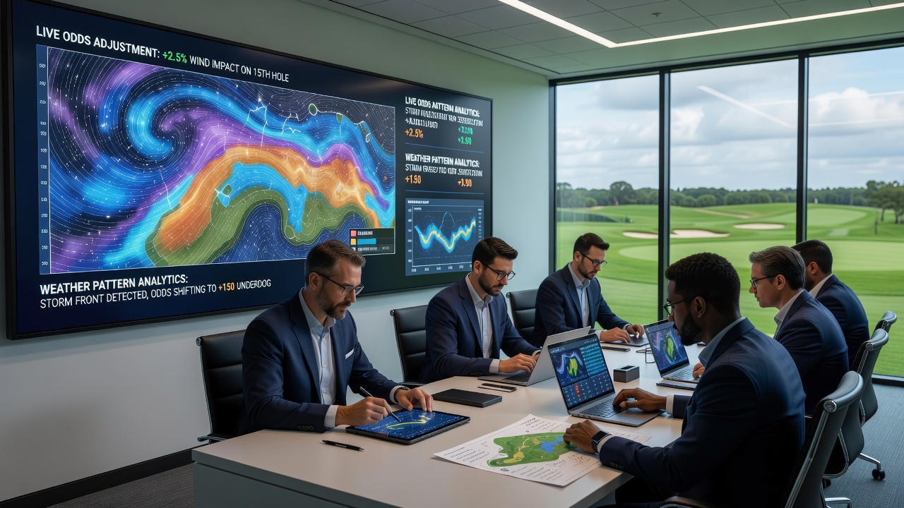 Analysts reviewing weather models and live betting dashboards during a golf tournament